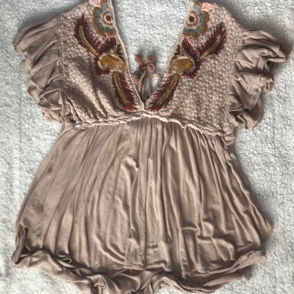 Tan embroidered freepeople ruffle top.